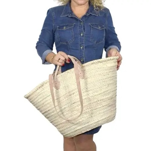 Einkaufskorb aus Palmblatt,  Handgefertigt mit Leder, French Market Basket